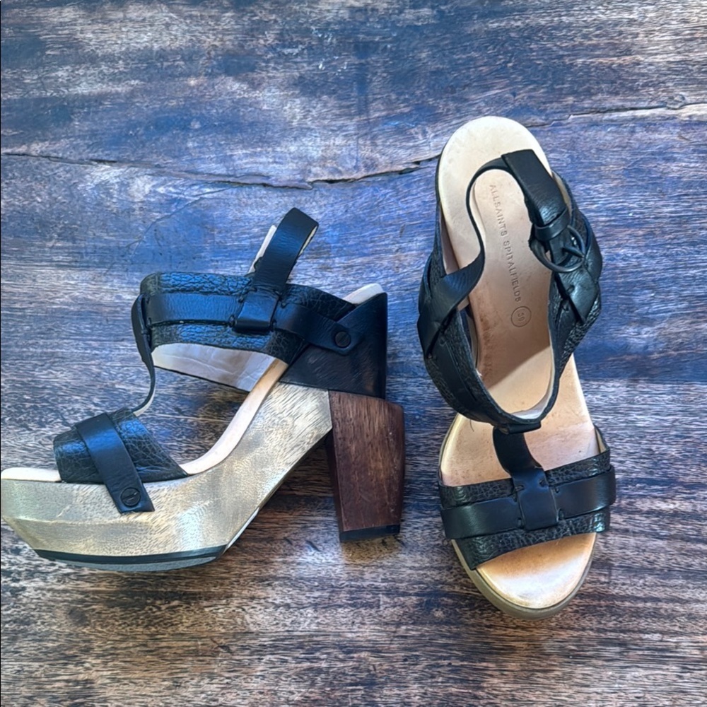 All Saints Black Leather Platform Sandals With Wooden Block Heels